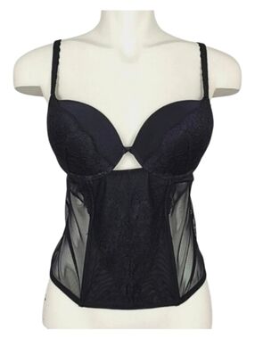 La Senza Women's Bustier Corset Top Push Up Lace Mesh Sheer Boned Black Large